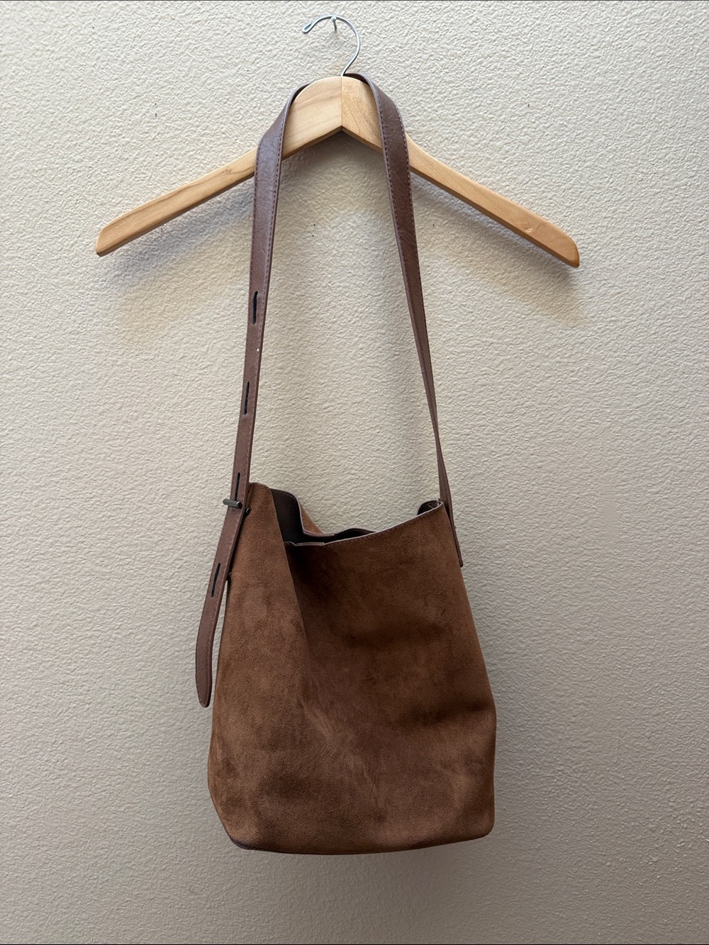 Women's Brown Faux Suede Shoulder Bucket Bag Fall